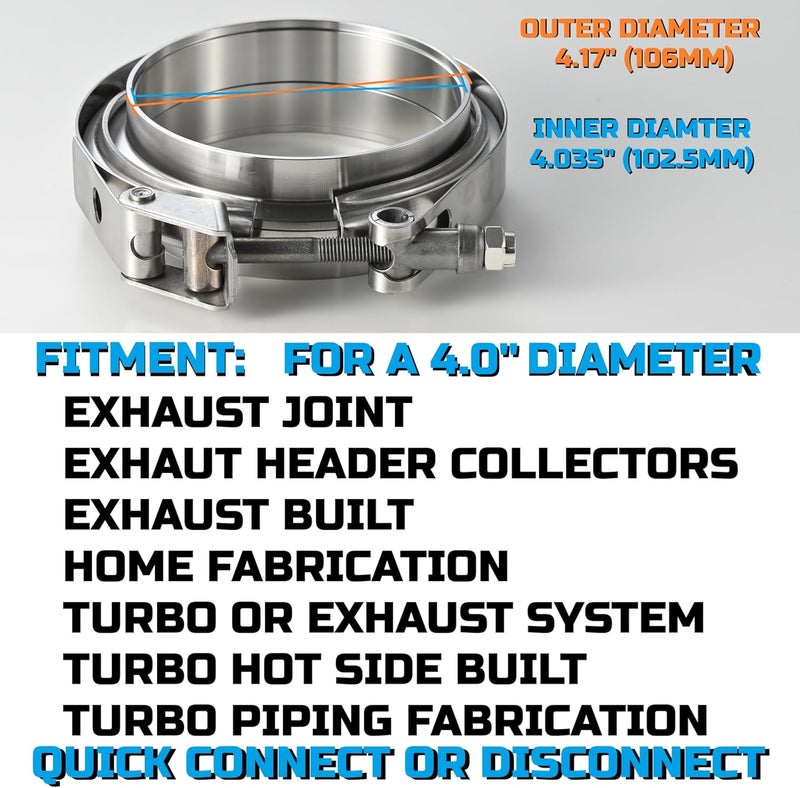 vanjoy Stainless Steel 4 Inch V Band Exhaust Clamp Flange Kit for Exhaust, Quick Release 4 Inch V Band Clamp for Turbochargers To Hold Components Together Under High Pressure or Heat,1 Piece (4.0‘’) - Image 3